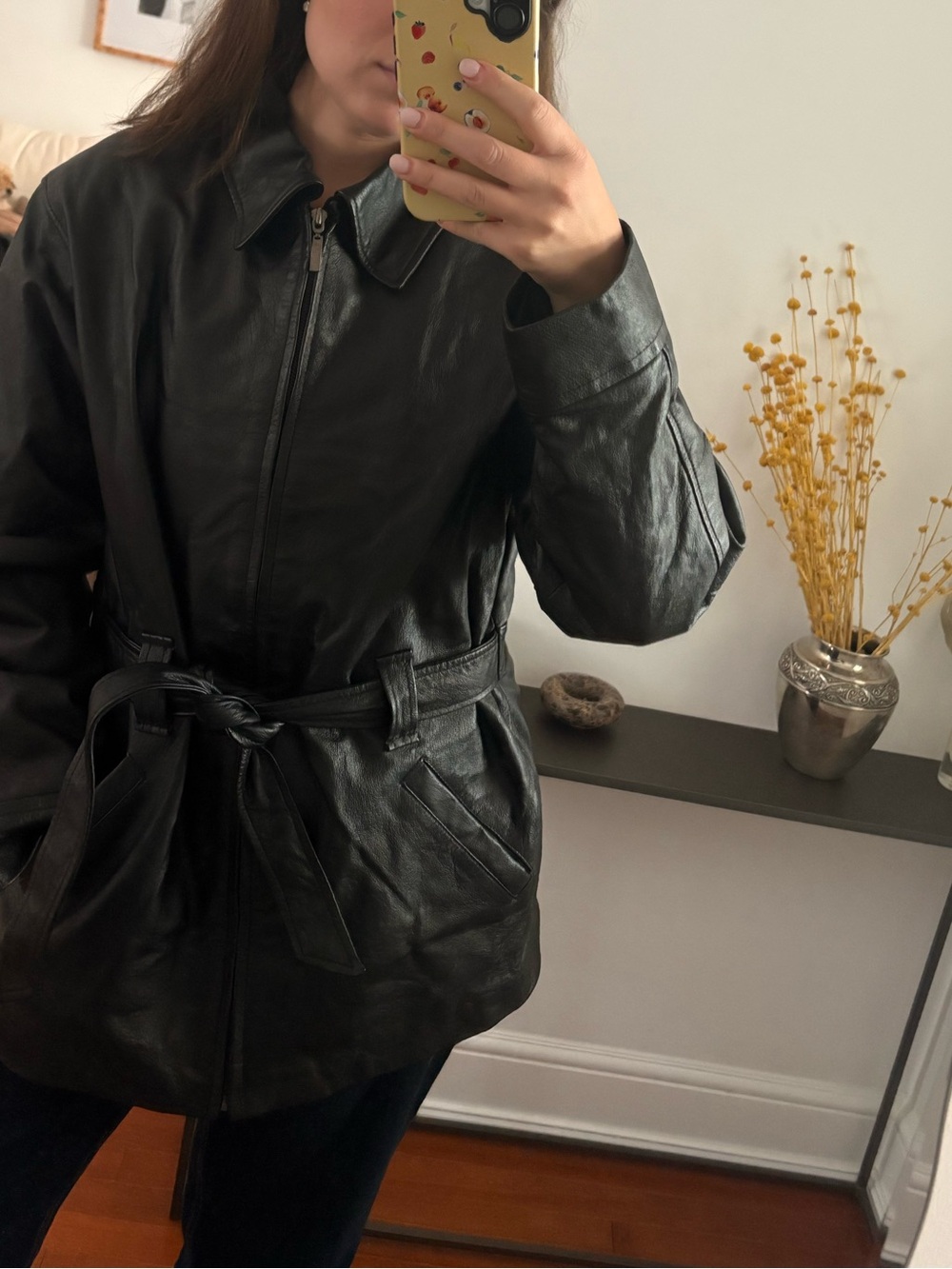 Vintage Women's Black Leather Belted Jacket